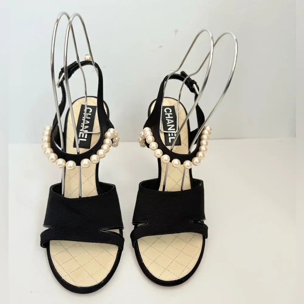 Chanel Black Grosgrain Pearl Slingback Heels Sandals CC Logo  EU 41